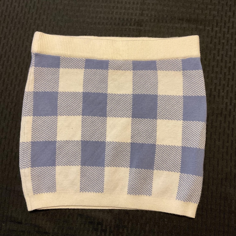 Full Tilt Skirt Womens Large Blue White Gingham Check Knit Mini Stretch Bodycon